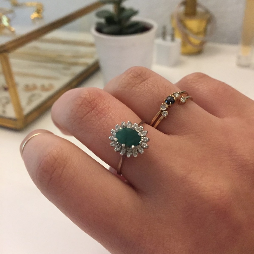 14k White Gold Vintage Jade and Diamond Ring